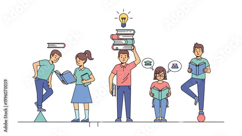 Education Enthusiasts: Young individual immerse themselves in learning through books and knowledge, their collective pursuit of illumination symbolized by stacked books and a glowing lightbulb. 