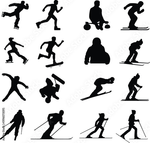 Winter sports silhouettes set featuring skiing, skating, snowboarding, running and outdoor activities isolated on white background vector illustration