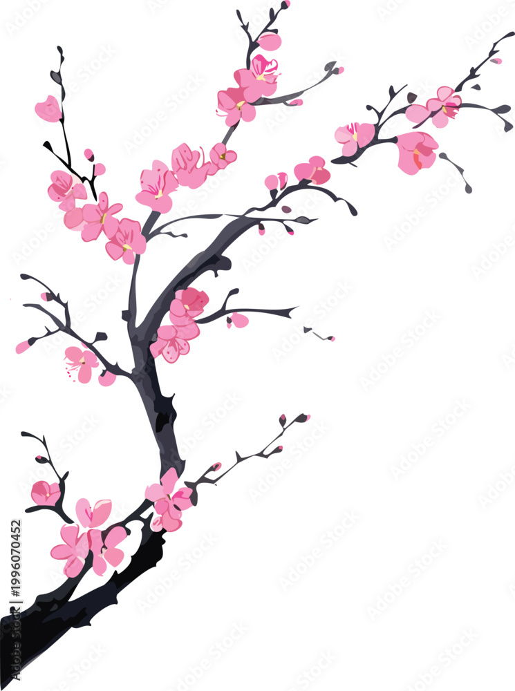 Fototapeta premium Pink cherry blossom flowers, pink apple plum japanese sakura tree branches asian chinese spring painting floral traditional digital hand painted decorative element spring transparent isolated vector