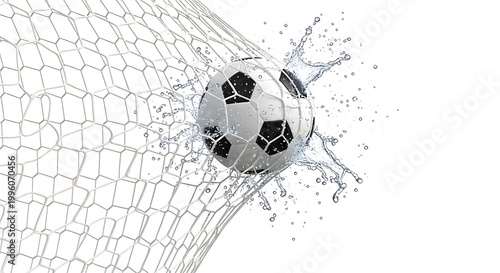 Soccer Ball Impacting Net with Water Splash on White Background.