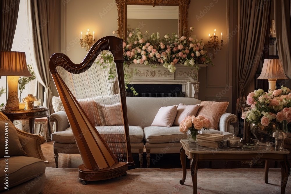 Fototapeta premium Harp in an opulent living room with classical fireplace, ornate gold mirror, and fresh flowers