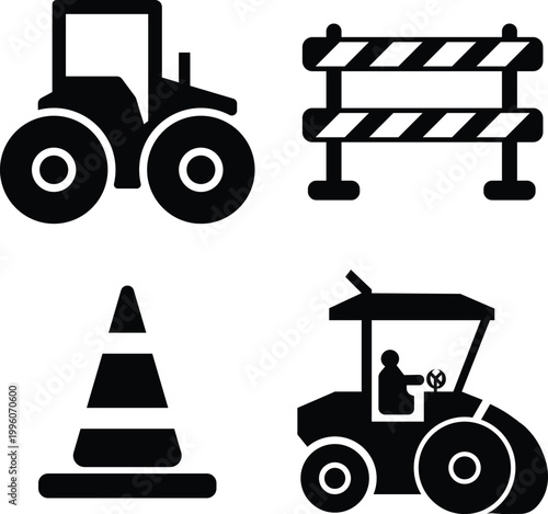 Construction roadwork icons cone roller paver barrier minimal vector