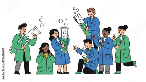 Scientific Endeavor: A collaborative illustration of a group of scientists, absorbed in active experimentation with beakers, test tubes, and engaging in scientific inquiry within a lab environment. 