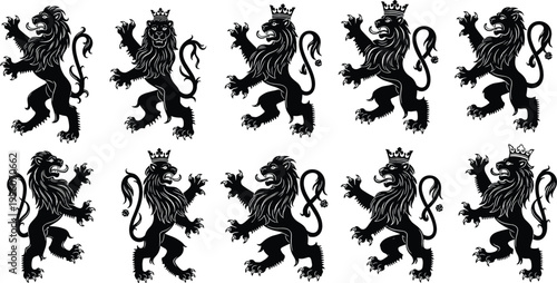 Heraldic lion silhouettes set in vintage engraving style, medieval crest animals in various poses for emblem design, coat of arms, and royal branding