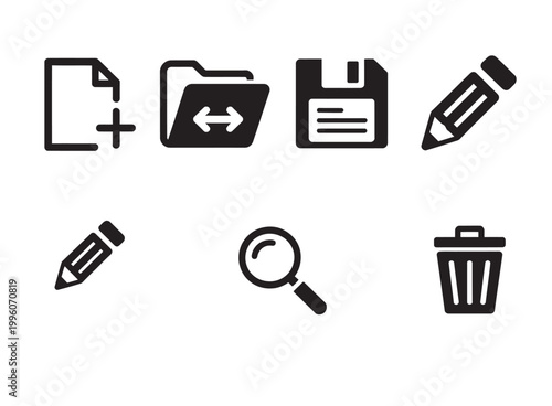 Solid black icons for file management and editing: add file, folder, save, pencil, search, trash.