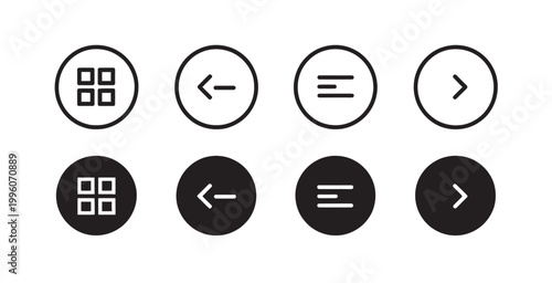 Collection of eight circular icons showing menu, back, and forward navigation symbols