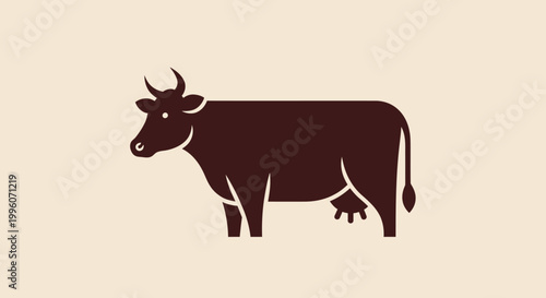 Brown Cow Icon on Beige Background - Minimalist Farm Animal Silhouette