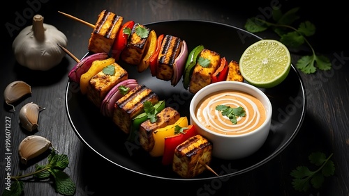 Colorful vegetable skewers with dipping sauce on a plate