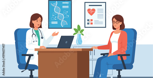 Doctor consulting patient in medical office, healthcare appointment scene with physician explaining diagnosis and treatment in clinic illustration