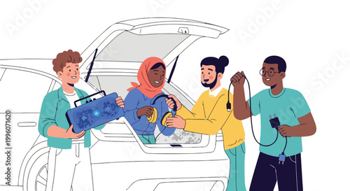 friends fixing car together outdoors