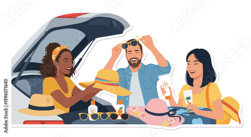 Friends on road trip packing hats and sunglasses