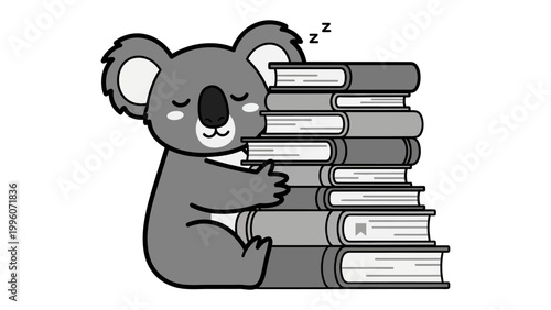 Dreamy Koala and Books: A cute koala, embraced by the calming presence of books, drifts off into a peaceful sleep. This scene inspires tranquility and a love for reading.