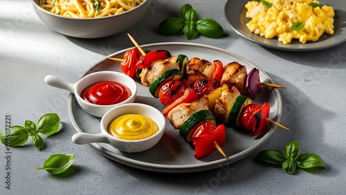 Grilled Chicken and Vegetable Skewers with Dipping Sauces