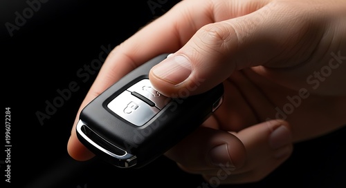 Hand Activating Car Key Remote on Black Background.