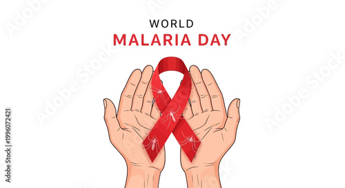 Against a clean white background, an illustration highlights World Malaria Day with hands gently holding a red ribbon representing malaria awareness, in a vector style promoting global