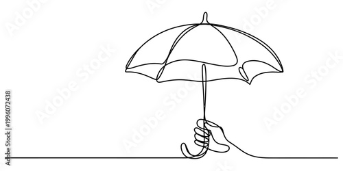 Minimalist continuous line art of a hand holding a simple umbrella isolated on a plain white background design. Vector, illustration