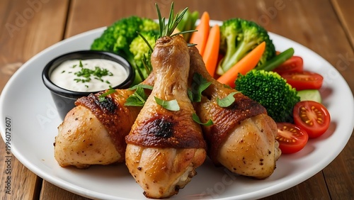 Delicious chicken drumsticks with bacon and vegetables on a plate