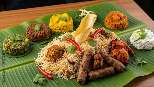 Traditional Indian food on banana leaf with rice and meat