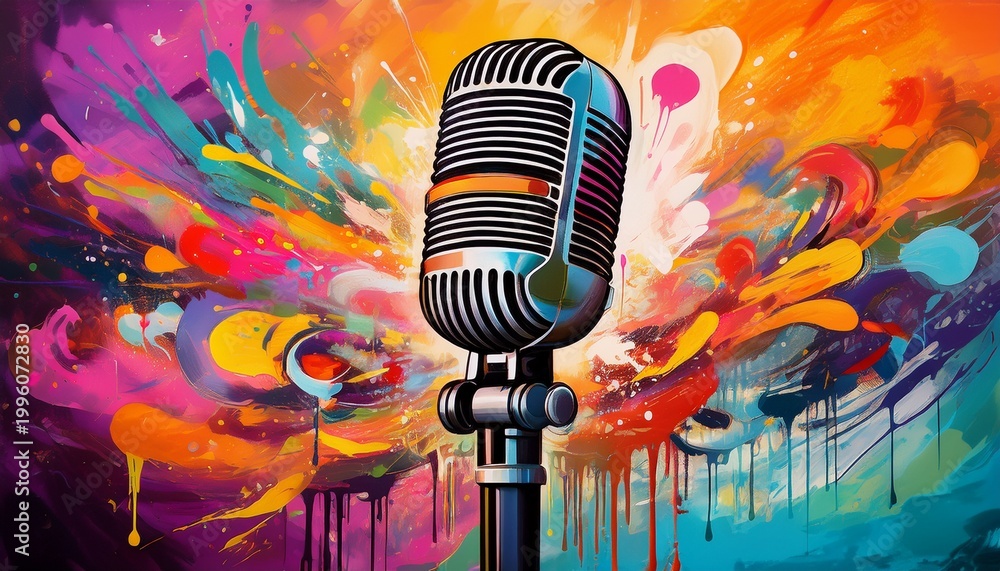 Fototapeta premium colorful graffiti background featuring a microphone mural perfect for music and art enthusiasts