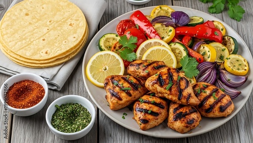 Grilled Chicken and Vegetable Fajita Plate with Tortillas and Herbs