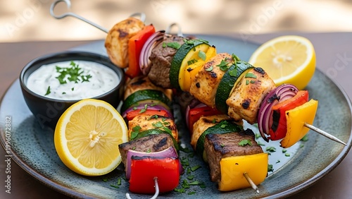 Grilled Chicken and Vegetable Skewers with Lemon and Sauce