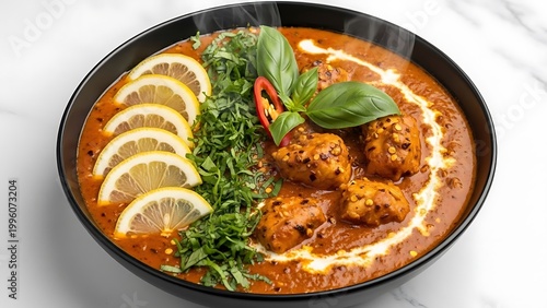 Delicious Chicken Tikka Masala with Lemon and Herbs in Bowl