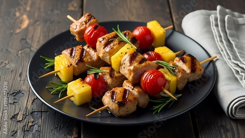 Grilled Chicken and Vegetable Skewers on a Black Plate