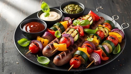 Colorful vegetable and sausage skewers with dipping sauces