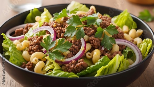 Delicious pasta salad with ground beef and fresh vegetables