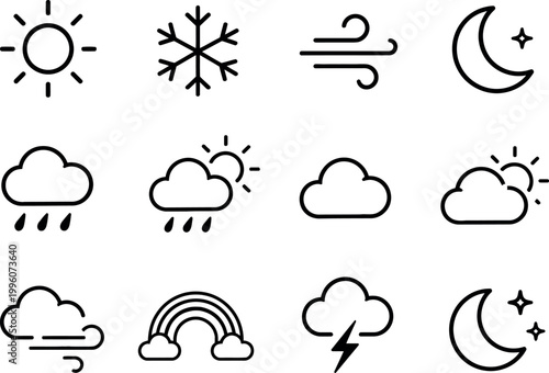 Collection of simple weather forecast icons including sun snowflake wind moon rain and lightning perfect for app design and web elements