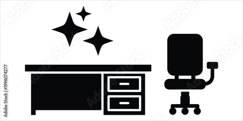 Clean office workspace icon desk and chair with sparkling clean elements