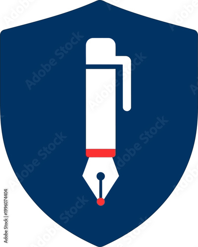 Professional fountain pen and ink nib symbol on a blue shield, representing writing, education, and legal services