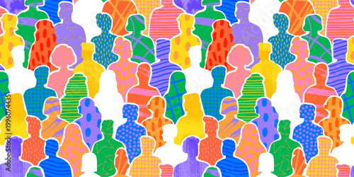 Colorful diverse people crowd abstract art seamless pattern. Multi-ethnic community, big cultural diversity group background illustration in modern collage painting style.