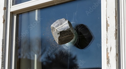 Artistic Shot Of Impact Point Where Stone Breaks Transparent Glass