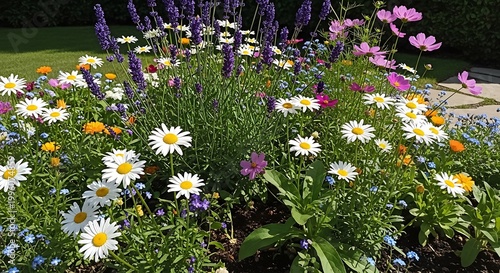 Vibrant Flower Bed with Daisies and Lavender in Full Bloom.