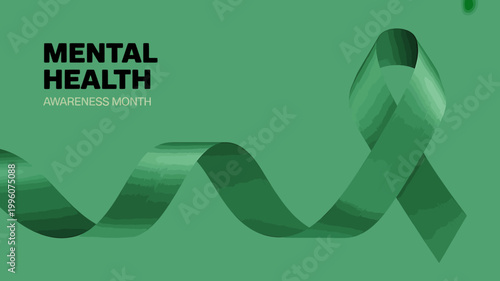 Mental health awareness month green ribbon symbol on green background