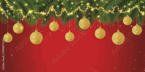 Christmas tree decorations with gold balls and lights on red background