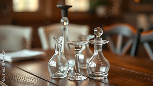 Elegant glass cruets on a rustic wooden table with warm reflections.