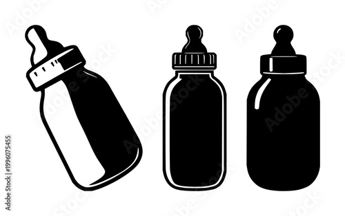 Cuadro en lienzo Pediatric baby bottle icon set with solid black silhouette against white backgro