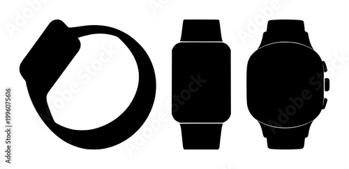 Smartwatch set with solid black icon on white background featuring fitness, wearable, smartwatch with icon design and monochrome