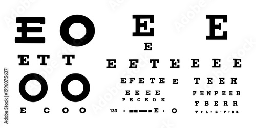 Eye exam chart set with solid black icon on white background featuring ophthalmology, eye chart, medical icon with vector design and monochrome