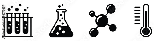Science vector icons set, lab equipment and chemistry symbols, research and experiment icon collection, beakers and laboratory tools, clean vector illustration for mobile apps, websites,