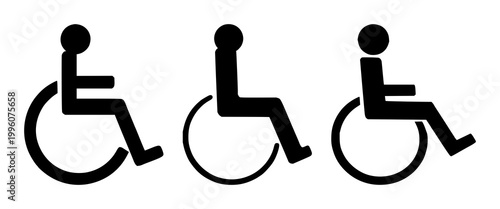 Wheelchair access symbol set with a simple solid black icon featuring accessibility, disability, inclusion with handicapped and public sign