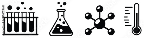 Science vector icons set, laboratory equipment illustrations, chemistry icons and research symbol collection, including beakers, test tubes, and lab instruments, modern flat design for education, apps