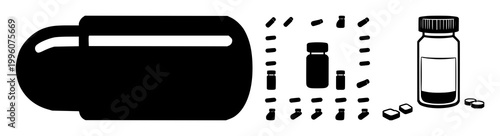Pill bottle set with solid black icon design featuring medicine, medication, pharmaceutical with prescription and health