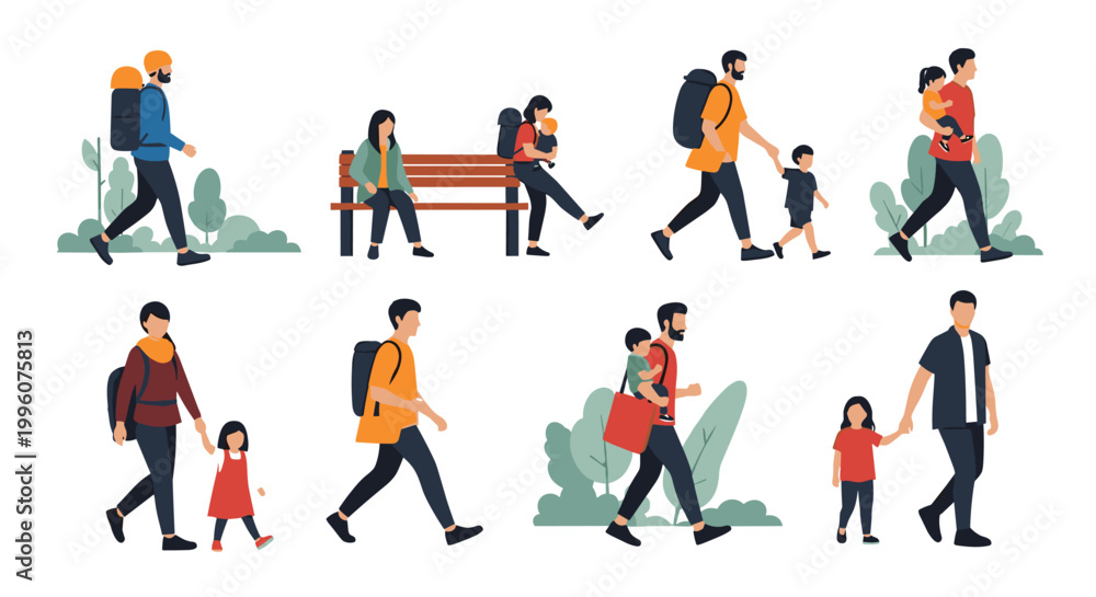 Fototapeta premium Diverse set of people including parents with children and individuals walking in an outdoor park setting.