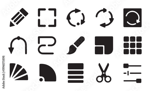 Graphic design tool icons set including pencil brush scissors and color palette for creative work.