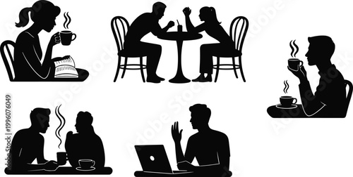 Coffee silhouettes of people socializing, relaxing, reading, working, and communicating at tables with drinks, lifestyle vector illustration design
