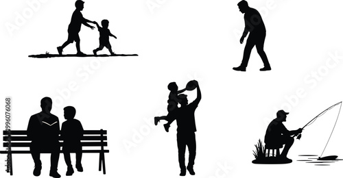 Companionship silhouettes with adults and children walking, reading, playing, fishing, bonding moments, life stages, vector illustration for stock content