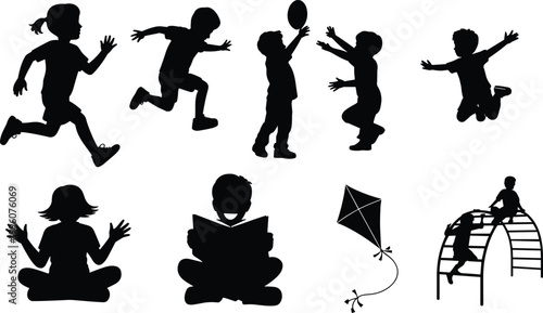 Children silhouettes running, jumping, reading, kite flying, climbing playground, playing ball, joyful activity vector illustration for stock content SEO optimization